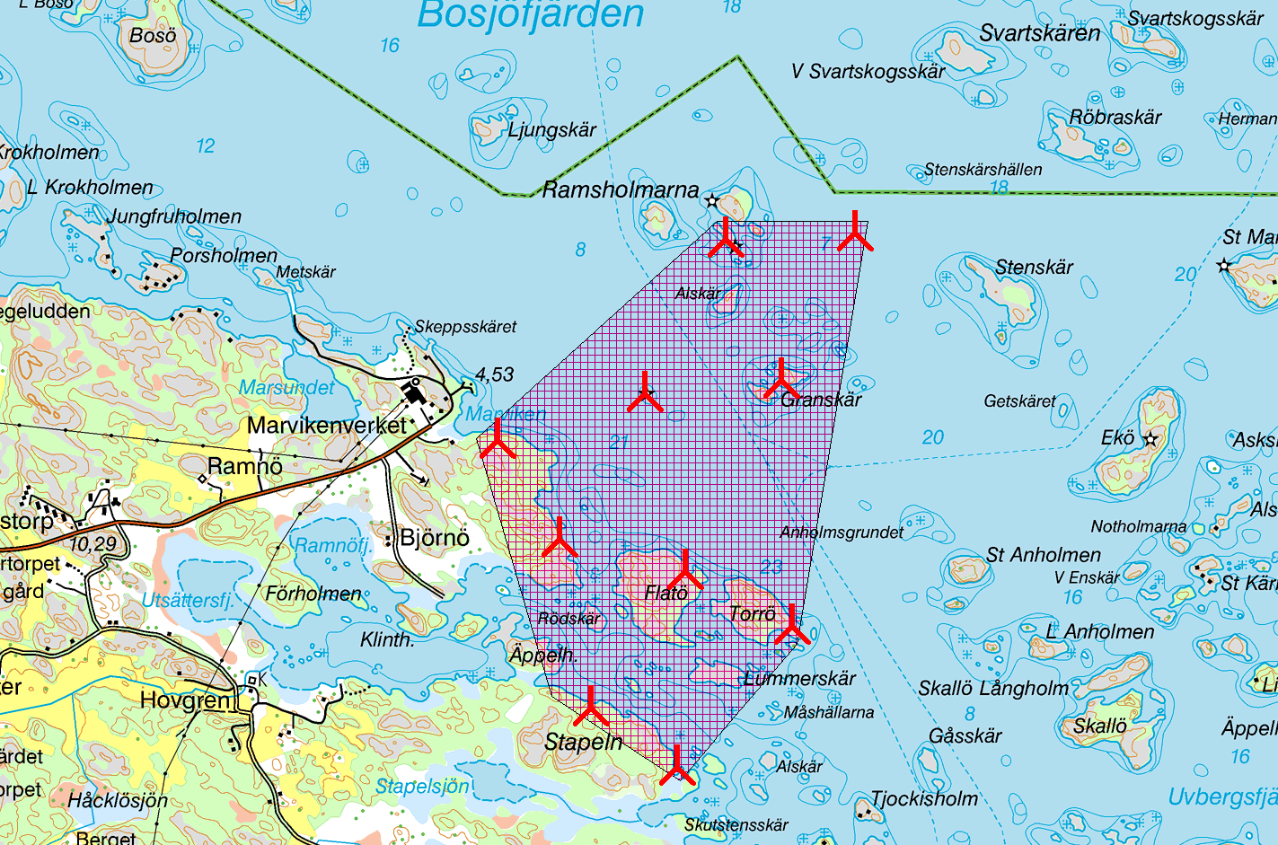 Projektets lokalisering och utformning Vindpark Marvikens öar har avgränsat ett projektområde och börjat skissa på ett par olika alternativ när det gäller projektets lokalisering och utformning inom