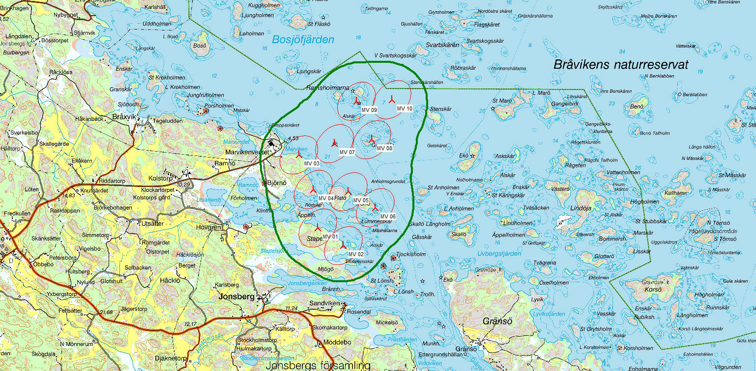 Vindpark Marvikens öar Samrådsunderlag 2014-03-28 Figur 13. Ljudkarta. Den gröna linjen visar gränsen för en ljudimmission på maximalt 40 dba.