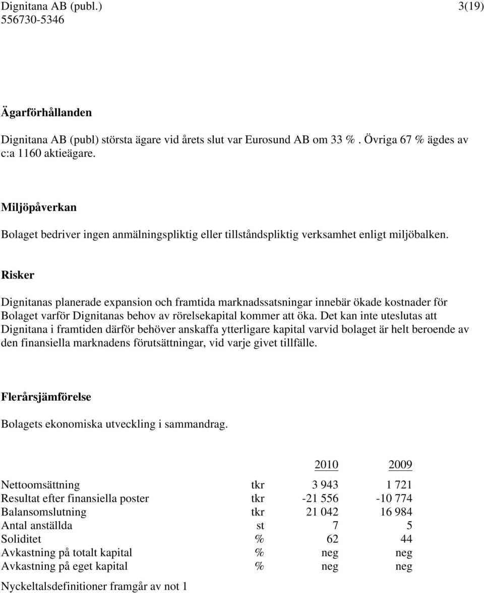 Risker Dignitanas planerade expansion och framtida marknadssatsningar innebär ökade kostnader för Bolaget varför Dignitanas behov av rörelsekapital kommer att öka.