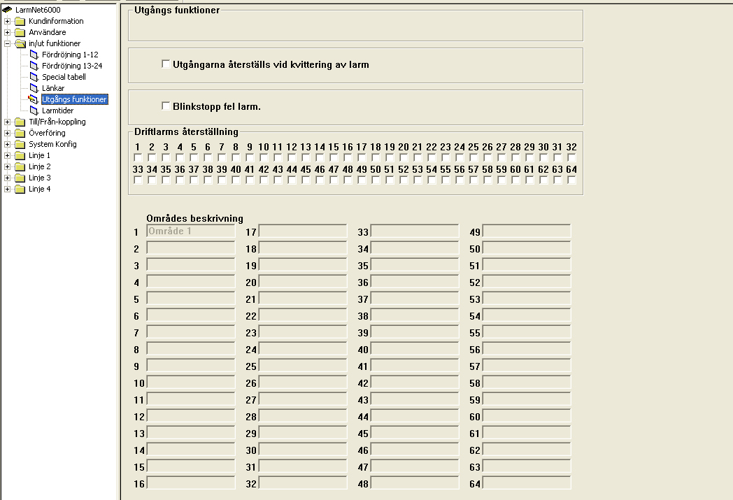 In/Ut funktioner - Utgångsfunktioner Utgångarna återställs vid kvittering av larm: Om denna funktion väljs så återgår utgångar först när larm kvitteras inte när larmsystemet frånkopplas.