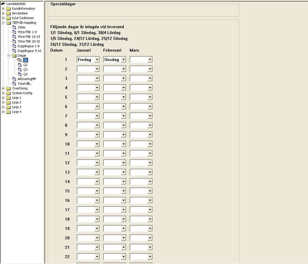 Till/Från-koppling - Dagar Specialdagar Här väljs om något datum ska vara en annan dagtyp än normalt, det finns redan några som grundprogrammerade. Dessa används enbart tillsammans med koppllingsuren.