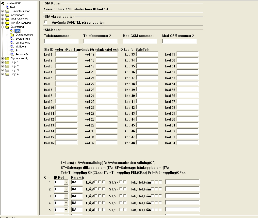 Överföring - SIA-Koder SIA Koder SIA koder till larmcentral. Centralen skickas 64 olika ID-koder, kan alltså delas på t.ex 64 kunder.