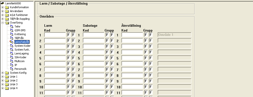 Överföring - Larm/Sab/Återställning Larm / Sabotage / Återställning Programmering av koder som skickas vid larm, sabotage och återställning via Robofon, för SIA se flik SIA.