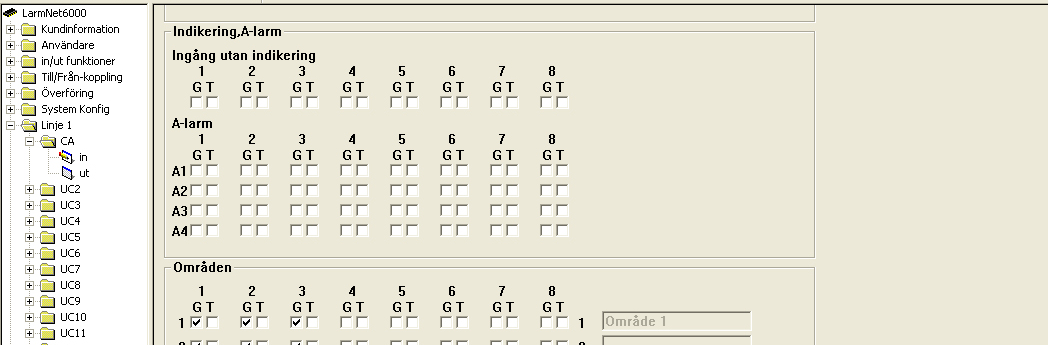 Linje 1 - CA-in Ingångar Centralapparat (Enhet=101): Programmering av ingångar på undercentral 01 som finns i centralapparat.