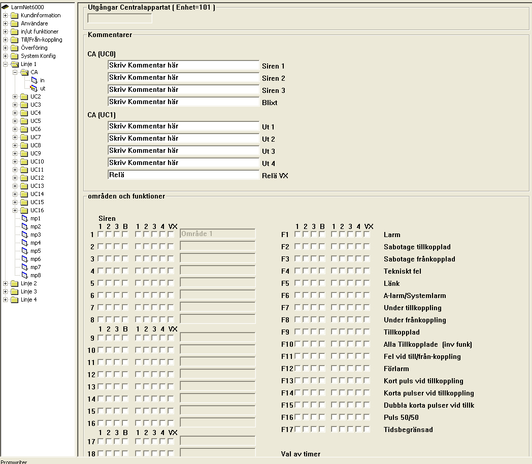 Linje 1 - CA-ut Utgångar Centralapparat (Enhet=101) Programmering av utgångar på undercentral UC1 som finns i centralapparaten.
