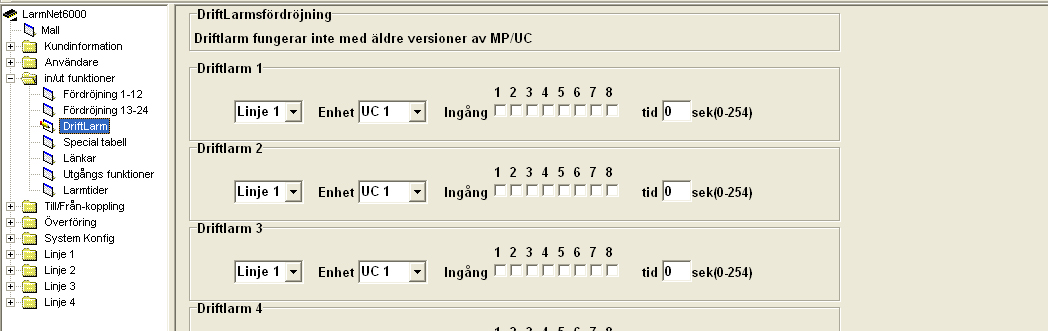 In/Ut funktioner - Driftlarm Driftlarmsfördröjning Används när en driftlarmsfördröjning önskas på en ingång, dvs att ingången måste vara påverkad konstant under hela den programmerade tiden för att