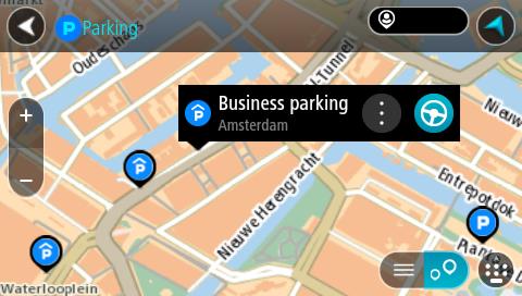 Du kan ändra skärmen så att en lista över parkeringsplatser visas när du trycker på den här knappen: Du kan välja en parkeringsplats i listan och lokalisera den på kartan. Tips!