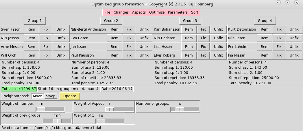 Max och min antal personer i en grupp blir då 4. Den första personen på listan återfinnes i blått, med möjlighet att manuellt placera personen i någon grupp.