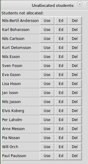 Vid varje person finns en knapp Use, som gör att den personen kan tilldelas en grupp, en knapp Ed (edit), som gör att data för den personen kan ändras, och en knapp Del (delete), som gör att personen