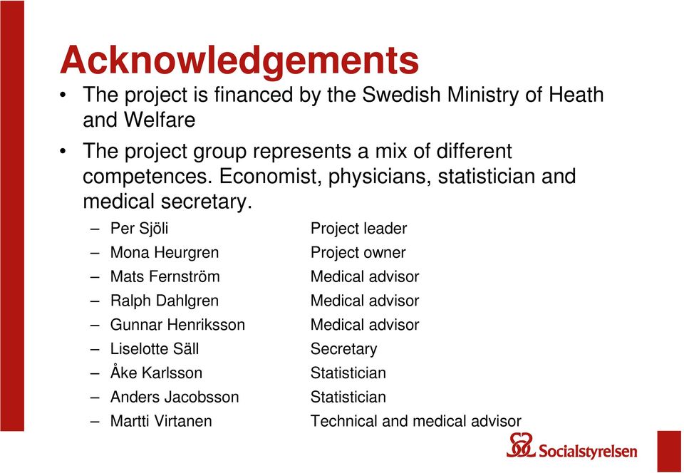 Per Sjöli Project leader Mona Heurgren Project owner Mats Fernström Medical advisor Ralph Dahlgren Medical advisor