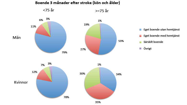 I åldrar upp till 75 år finns inga större skillnader i boende och hemtjänst mellan män och kvinnor.