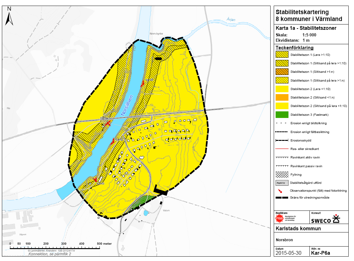 Figur B1.2 Exempel på redovisningskarta för översiktlig stabilitetskartering i finkornig jord, Etapp 1A - Stabilitetszoner, Norsbron, Karlstads kommun.