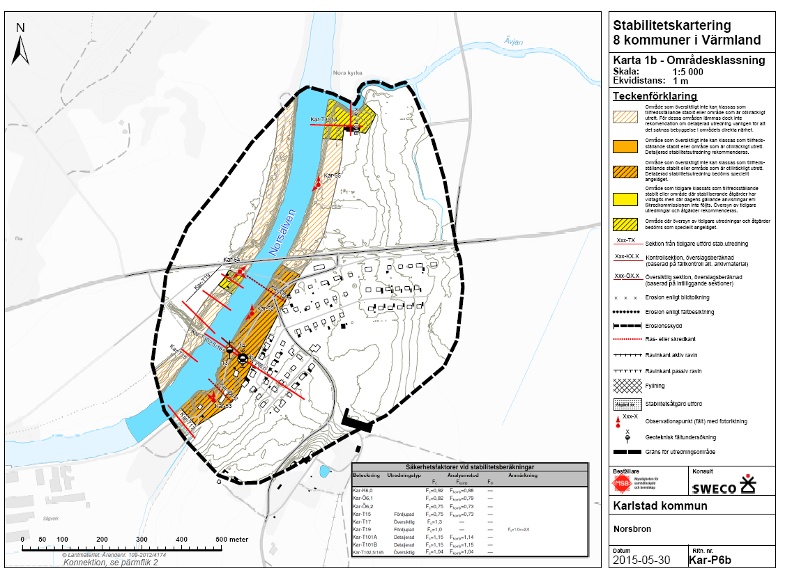 Figur B1.3 Exempel på redovisningskarta för översiktlig stabilitetskartering i finkornig jord, Etapp 1B - Områdesklassning, Norsbron, Karlstads kommun. (Källa: MSB) 1.1.2 Etapp 2 och 3 Detaljerade stabilitetsutredningar ingår inte i MSB:s översiktliga stabilitetskartering.