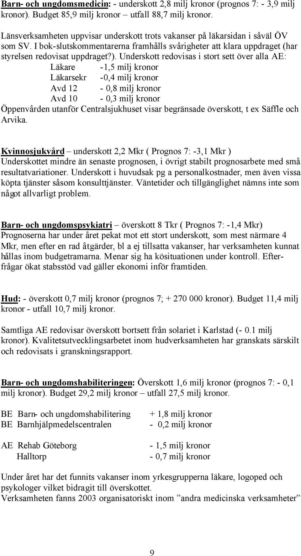 Underskott redovisas i stort sett över alla AE: Läkare -1,5 milj kronor Läkarsekr -0,4 milj kronor Avd 12-0,8 milj kronor Avd 10-0,3 milj kronor Öppenvården utanför Centralsjukhuset visar begränsade