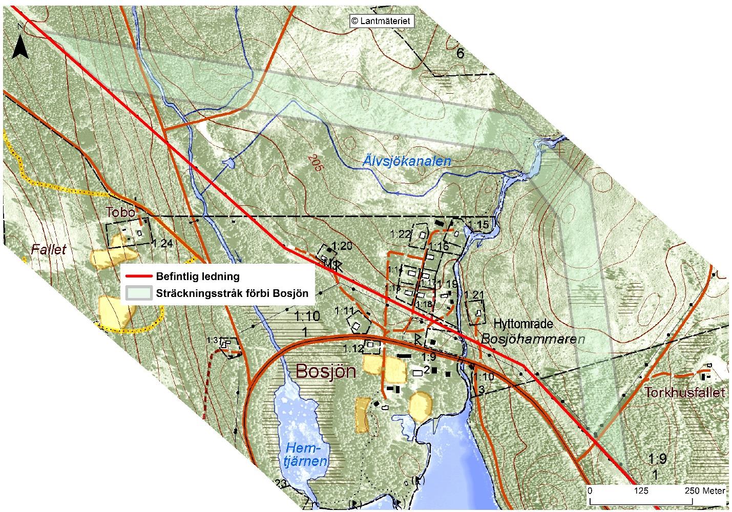 2.4. Kringgående sträckning förbi Bosjön (alternativ 3) Alternativ 3 innebär att ledningssträckningen gör en kringgående rörelse vid Bosjön och därmed flyttas norr om samhället, se figur 4.