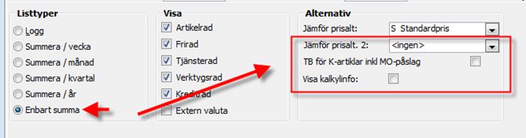 välja att visa kalkylinfo: Genom att aktivera parametern Visa kalkylinfo går det att få tillverkningskostnad andel (%) av försäljningspriset delat