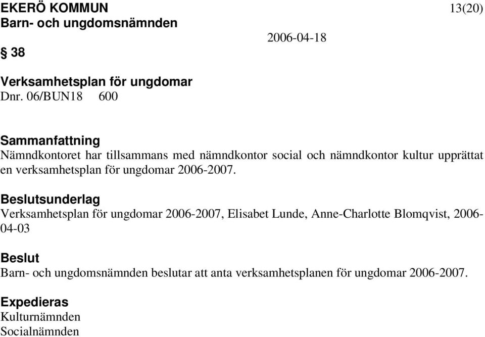 upprättat en verksamhetsplan för ungdomar 2006-2007.