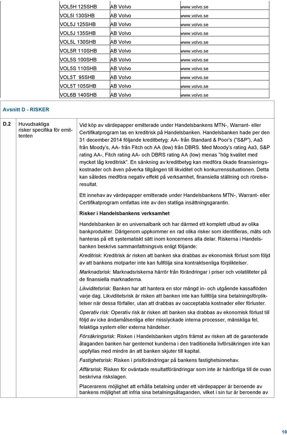 2 Huvudsakliga risker specifika för emittenten Vid köp av värdepapper emitterade under Handelsbankens MTN-, Warrant- eller Certifikatprogram tas en kreditrisk på Handelsbanken.