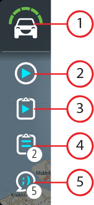 4. Instruktionsfönster. I det här fönstret visas följande information: Riktningen på nästa sväng. Avståndet till nästa sväng. Namnet på nästa väg på din rutt. Körfältsvägledning i vissa korsningar. 5.