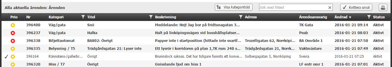 Figur 32: Dölj och visa kategoriträdet för att kunna sortera ärenden i den ordning de skapades. 5.