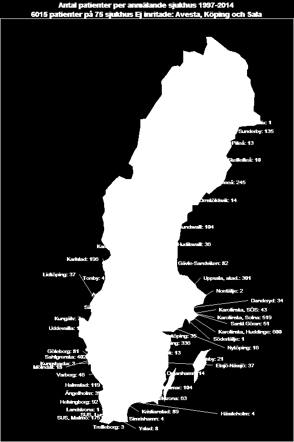 Karta med inrapporterande enheter, för 5 patienter är inte anmälande sjukhus