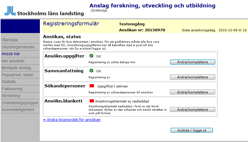 Registreringsformulär, Sammanfattning Grön bock visas när underlaget för