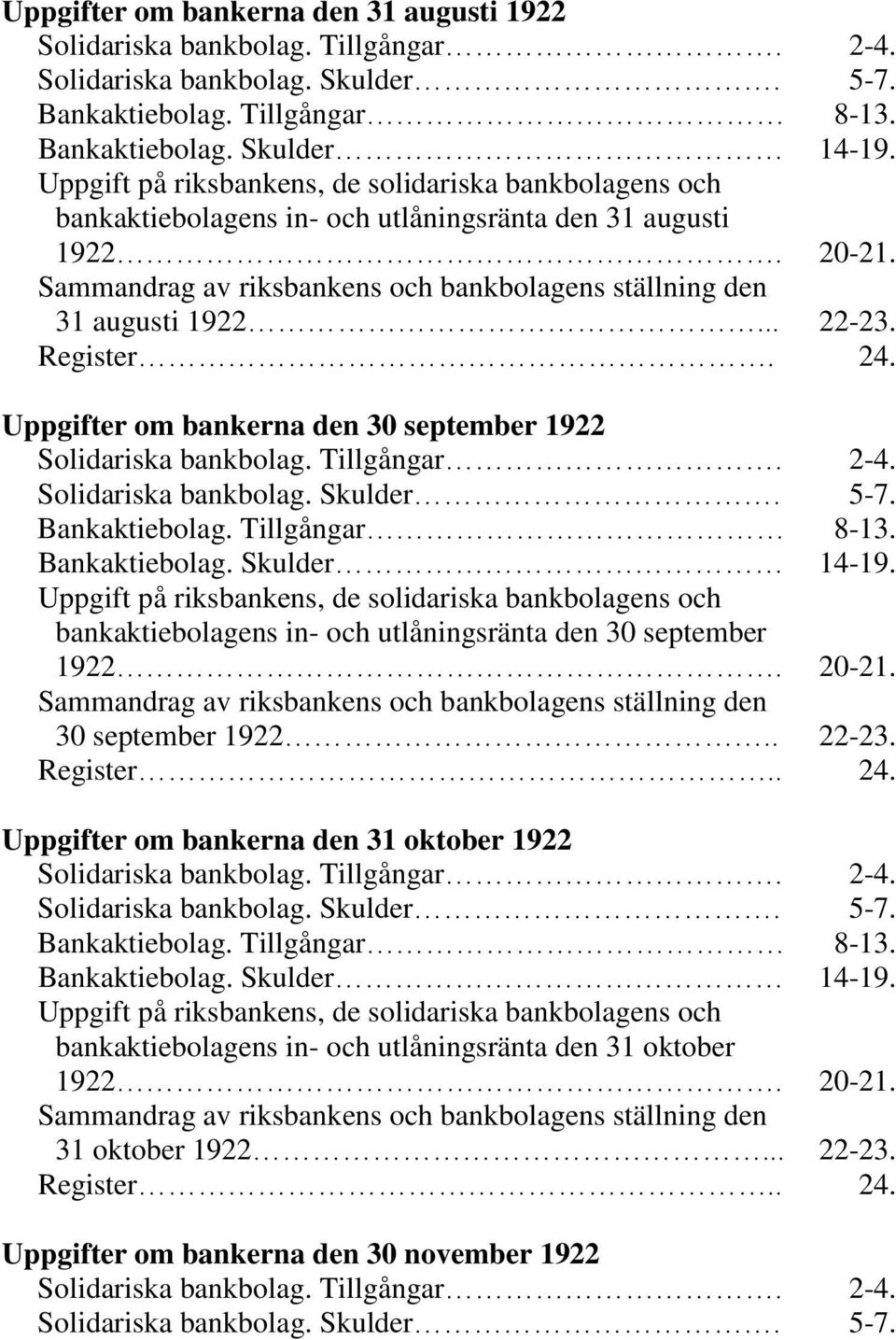 .. 22-23. Register. 24. Uppgifter om bankerna den 30 september 1922 Solidariska bankbolag. Tillgångar. 2-4. Solidariska bankbolag. Skulder. 5-7. Bankaktiebolag. Tillgångar 8-13. Bankaktiebolag. Skulder 14-19.