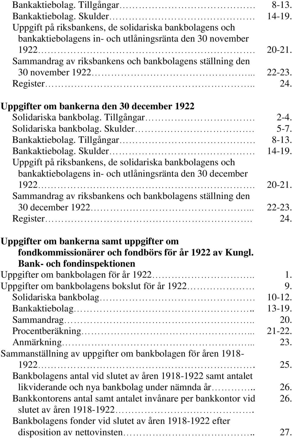 Solidariska bankbolag. Skulder. 5-7. Bankaktiebolag. Tillgångar 8-13. Bankaktiebolag. Skulder 14-19.