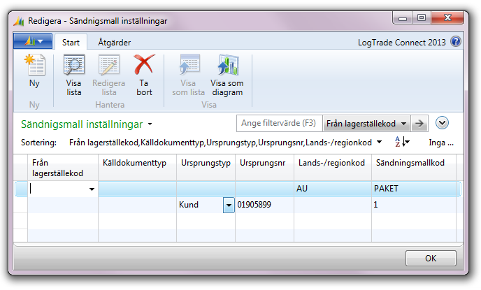 12.29 Sändningsmallar Sändningsmallar definieras i LogTrade och innehåller färdiga inställningar för transportör, produkt, tjänster m.m. 12.29.1 Sändningsmallista Visar en lista över sändningsmallar.