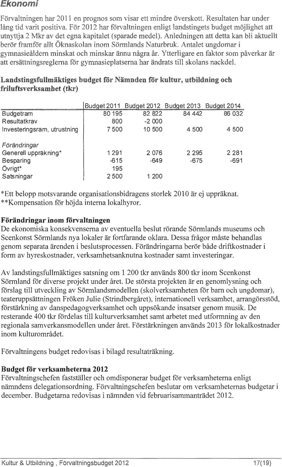 förvaltningen De ekonomiska konsekvenserna av eventuella beslut rörande Sörmlands museums och Scenkonst Sörmlands nya lokaler är fortfarande oklara.