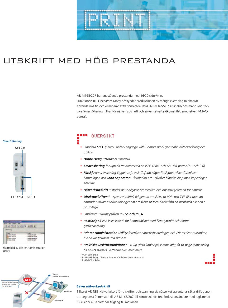 AR-M165/207 är snabb och mångsidig tack vare Smart Sharing, tillval för nätverksutskrift och säker nätverksåtkomst (filtrering efter IP/MACadress).