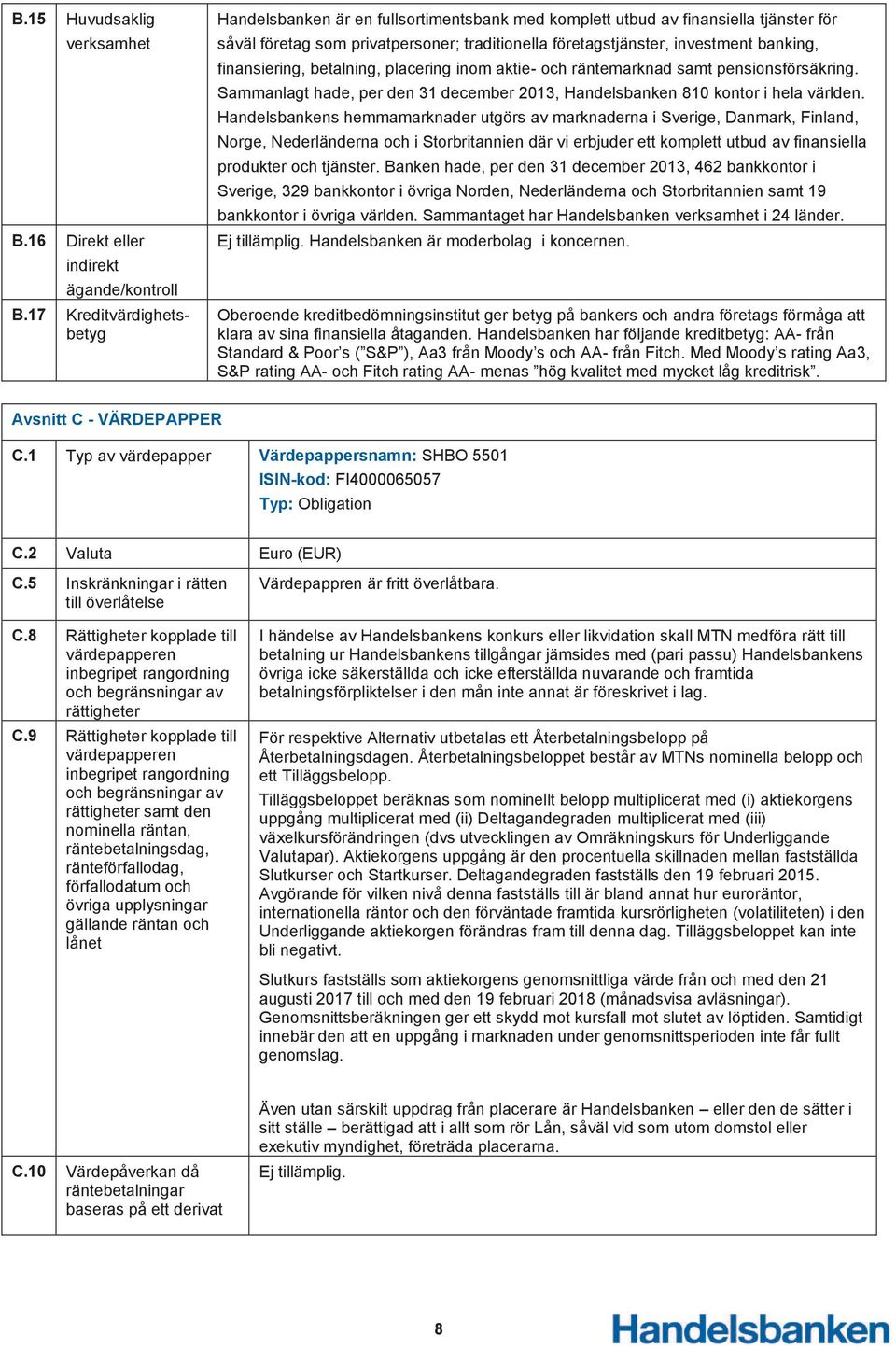 finansiering, betalning, placering inom aktie- och räntemarknad samt pensionsförsäkring. Sammanlagt hade, per den 31 december 2013, Handelsbanken 810 kontor i hela världen.