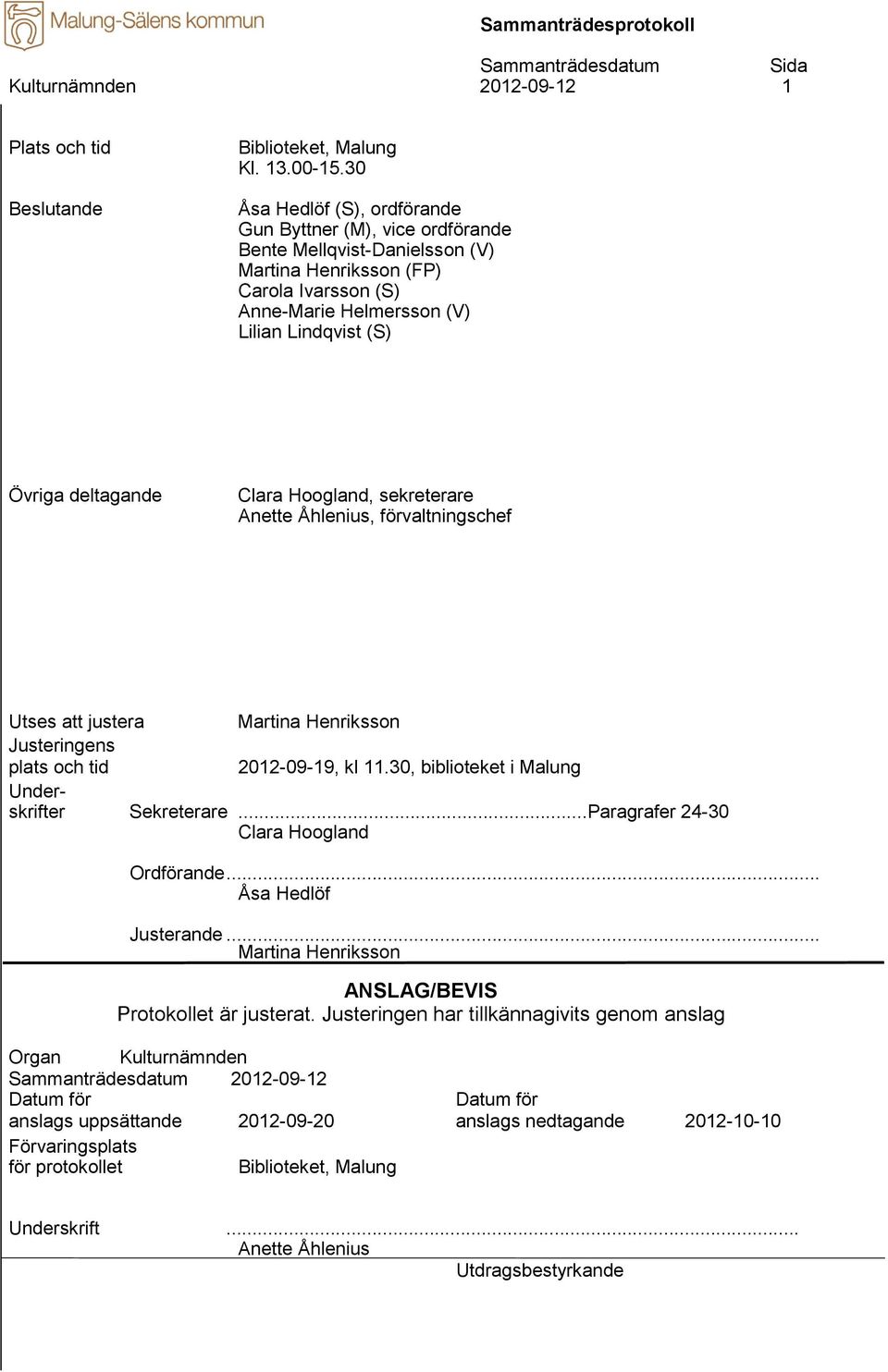 deltagande Clara Hoogland, sekreterare Anette Åhlenius, förvaltningschef Utses att justera Martina Henriksson Justeringens plats och tid 2012-09-19, kl 11.