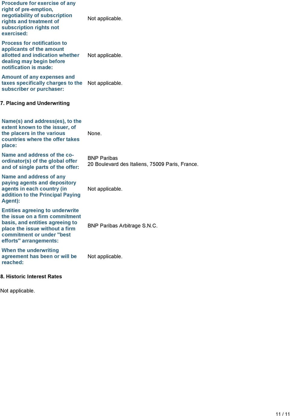 Placing and Underwriting Name(s) and address(es), to the extent known to the issuer, of the placers in the various countries where the offer takes place: Name and address of the coordinator(s) of the