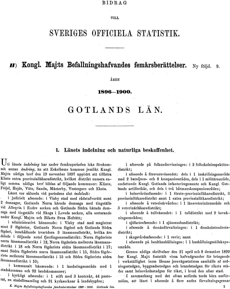 Maj:ts nådiga bref den 19 november 1897 upphört att tillhöra Klinte extra provinsialläkaredistrikt, hvilket distrikt numera enligt samma nådiga bref bildas af följande kommuner: Klinte, Fröjel,