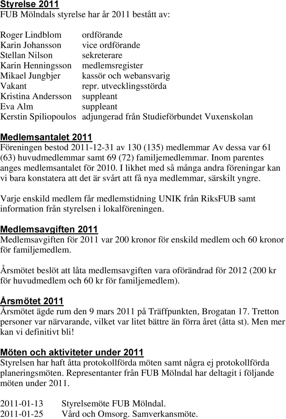 utvecklingsstörda Kristina Andersson suppleant Eva Alm suppleant Kerstin Spiliopoulos adjungerad från Studieförbundet Vuxenskolan Medlemsantalet 2011 Föreningen bestod 2011-12-31 av 130 (135)