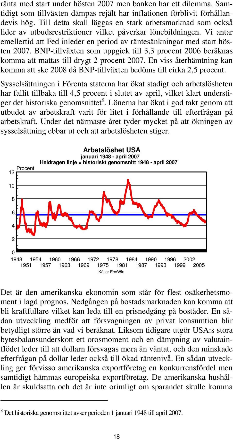 Vi antar emellertid att Fed inleder en period av räntesänkningar med start hösten 2007. BNP-tillväxten som uppgick till 3,3 procent 2006 beräknas komma att mattas till drygt 2 procent 2007.