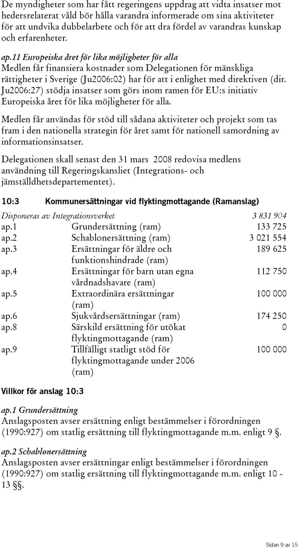 11 Europeiska året för lika möjligheter för alla Medlen får finansiera kostnader som Delegationen för mänskliga rättigheter i Sverige(Ju2006:02) har för att i enlighet med direktiven(dir.