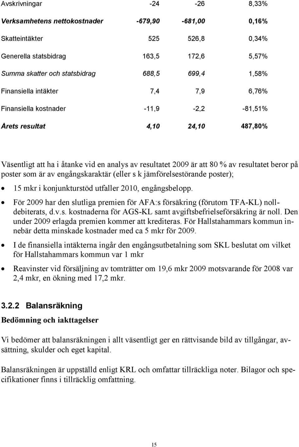 på poster som är av engångskaraktär (eller s k jämförelsestörande poster); 15 mkr i konjunkturstöd utfaller 2010, engångsbelopp.