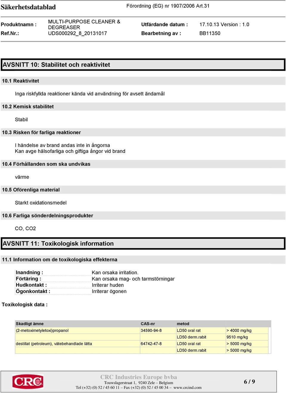 5 Oförenliga material Starkt oxidationsmedel 10.6 Farliga sönderdelningsprodukter CO, CO2 AVSNITT 11: Toxikologisk information 11.