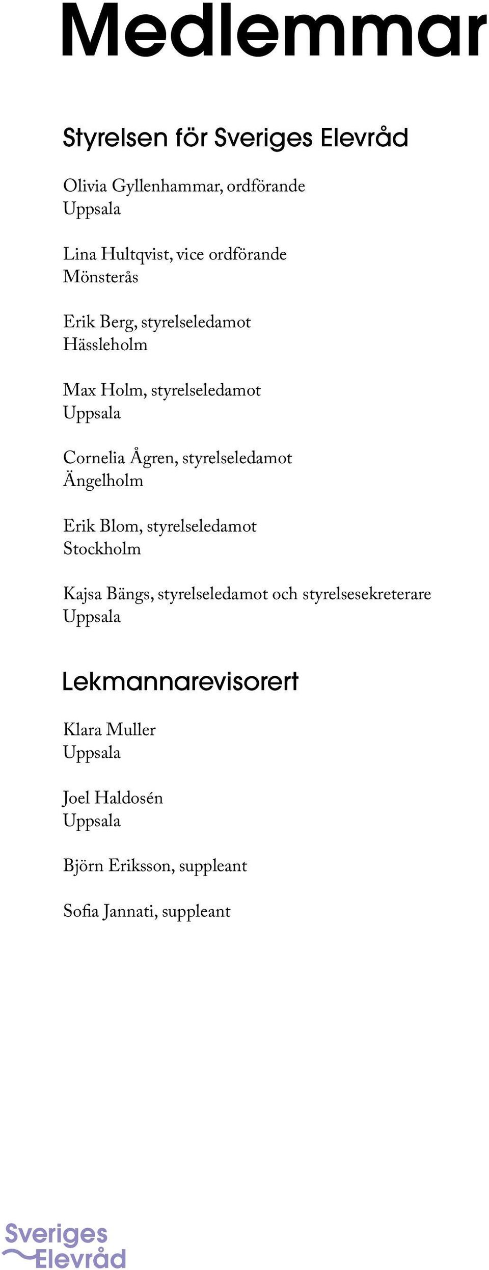Ängelholm Erik Blom, styrelseledamot Stockholm Kajsa Bängs, styrelseledamot och styrelsesekreterare Uppsala