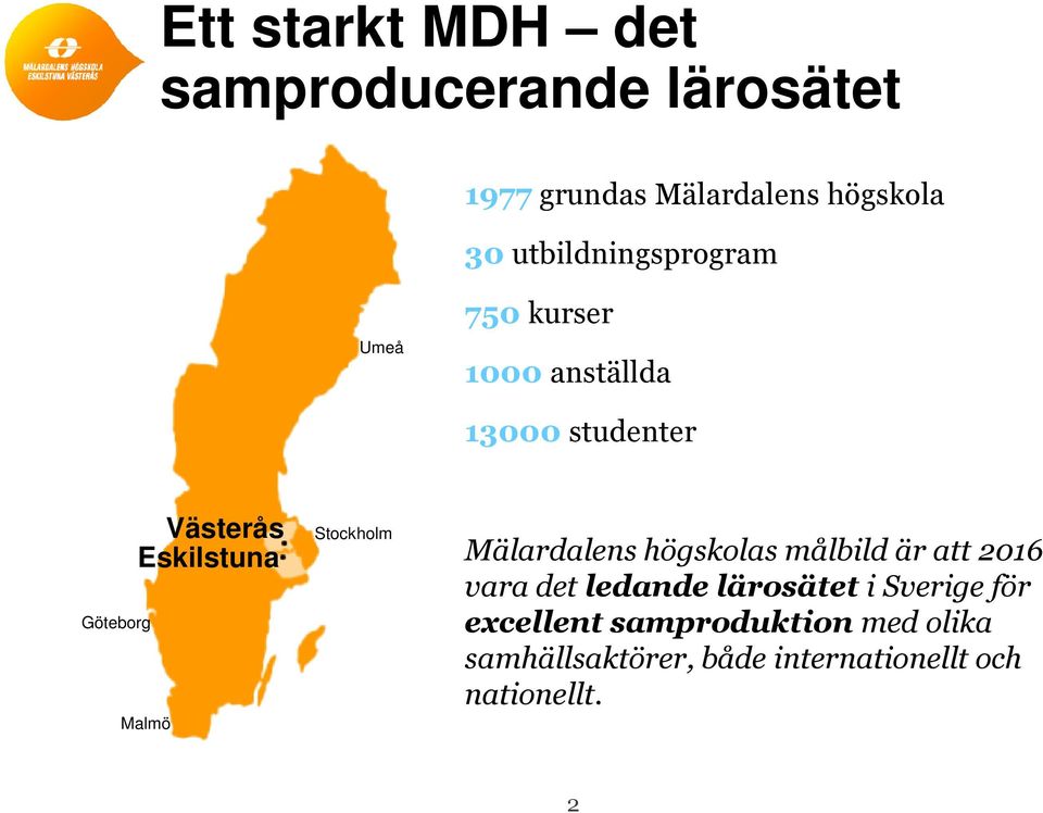 Eskilstuna Malmö Stockholm Mälardalens högskolas målbild är att 2016 vara det ledande