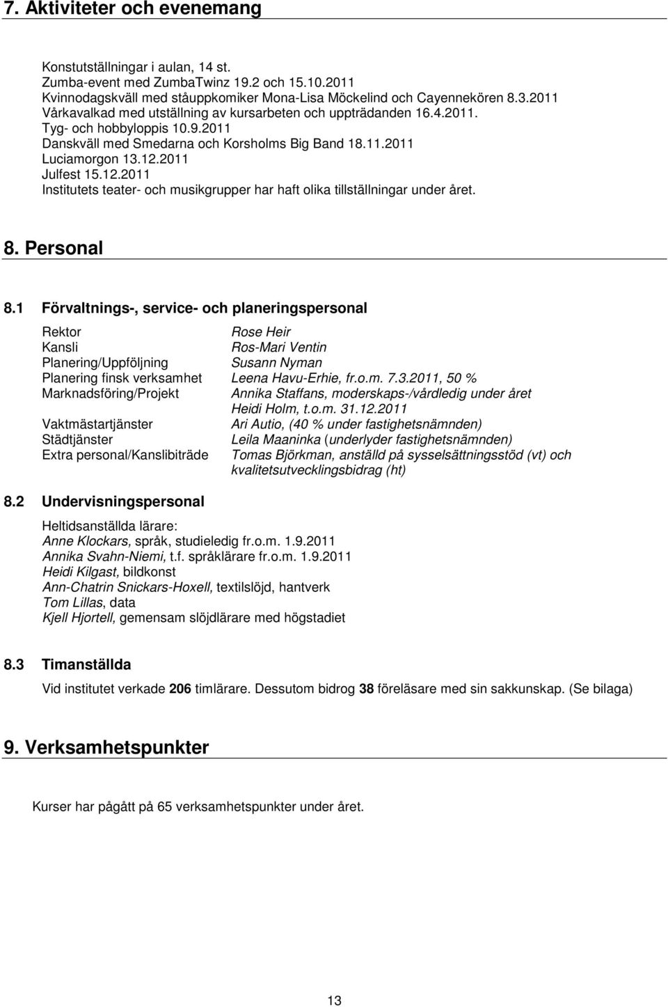 12.2011 Institutets teater- och musikgrupper har haft olika tillställningar under året. 8. Personal 8.