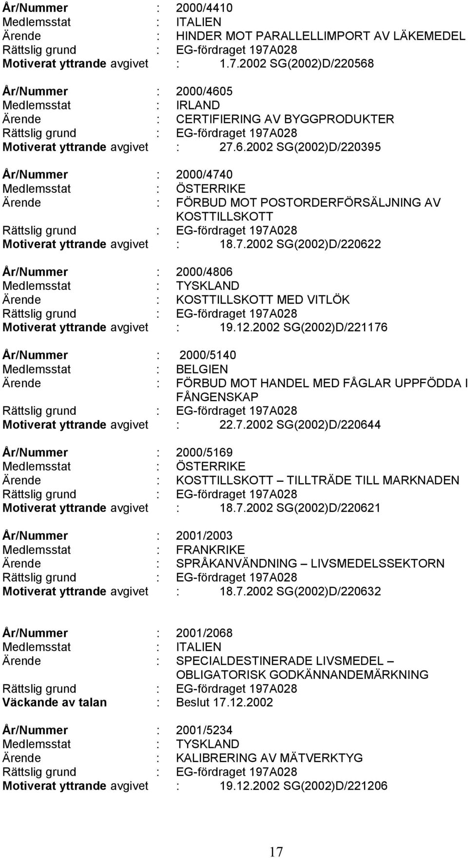 7.2002 SG(2002)D/220622 År/Nummer : 2000/4806 Ärende : KOSTTILLSKOTT MED VITLÖK Motiverat yttrande avgivet : 19.12.