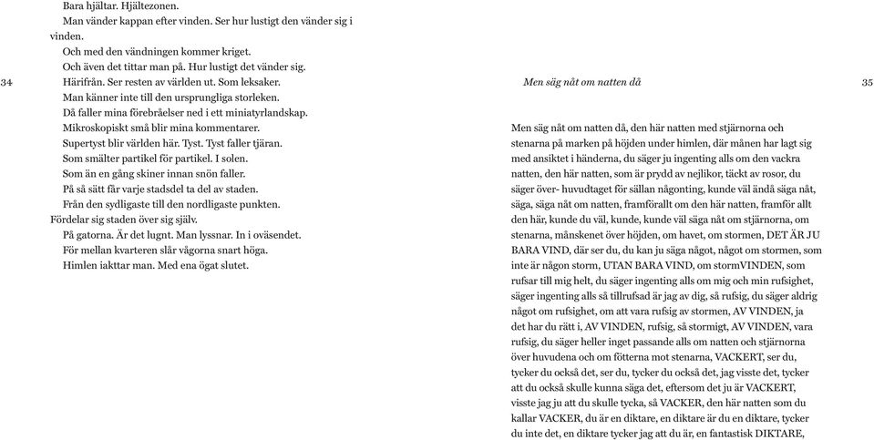 Supertyst blir världen här. Tyst. Tyst faller tjäran. Som smälter partikel för partikel. I solen. Som än en gång skiner innan snön faller. På så sätt får varje stadsdel ta del av staden.