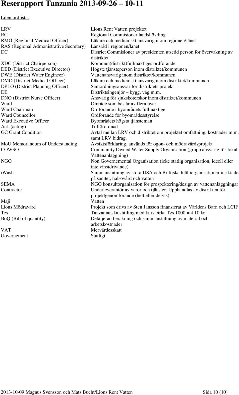 (acting) GC Grant Condition MoU Memorandum of Understanding COWSO NGO iwash SEMA Contractor Maji Lions Mödravård Tzs BoQ (Bill of quantity) VAT Governement Lions Rent Vatten projektet Regional