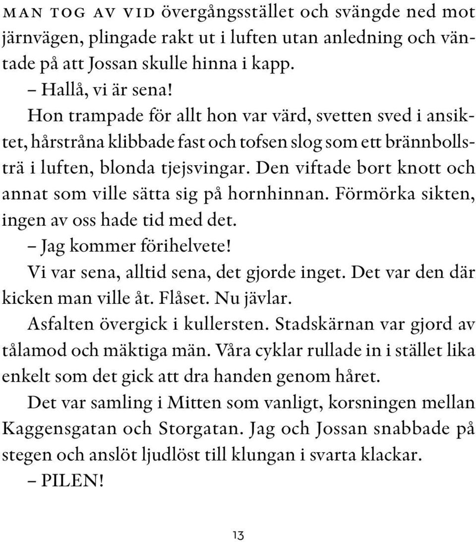 Den viftade bort knott och annat som ville sätta sig på hornhinnan. Förmörka sikten, ingen av oss hade tid med det. Jag kommer förihelvete! Vi var sena, alltid sena, det gjorde inget.