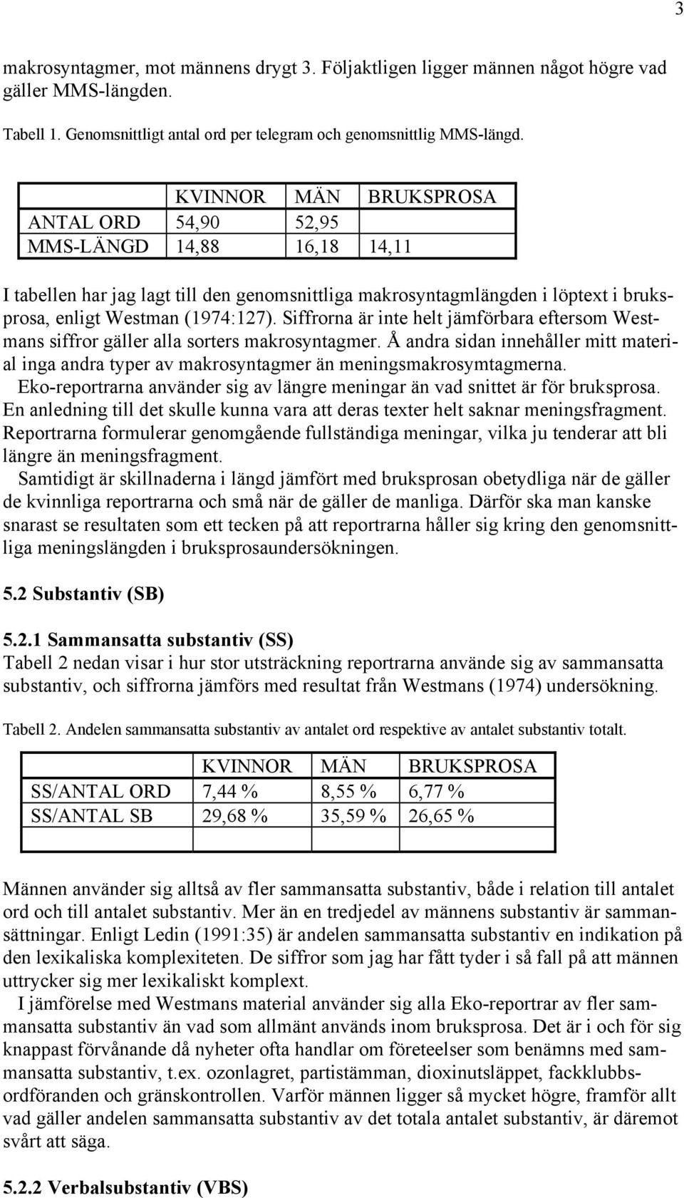 Siffrorna är inte helt jämförbara eftersom Westmans siffror gäller alla sorters makrosyntagmer. Å andra sidan innehåller mitt material inga andra typer av makrosyntagmer än meningsmakrosymtagmerna.