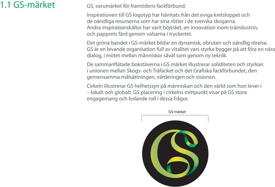 Det gröna bandet i GS-märket bildar en dynamisk, obruten och oändlig rörelse.