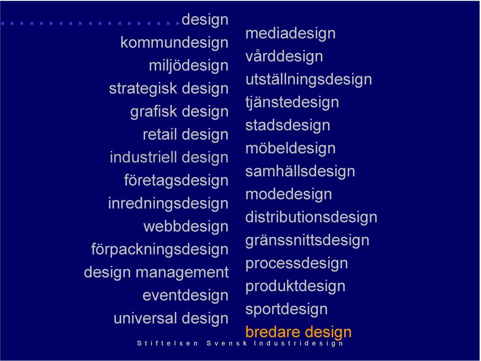 utställningsdesign tjänstedesign stadsdesign möbeldesign samhällsdesign modedesign distributionsdesign
